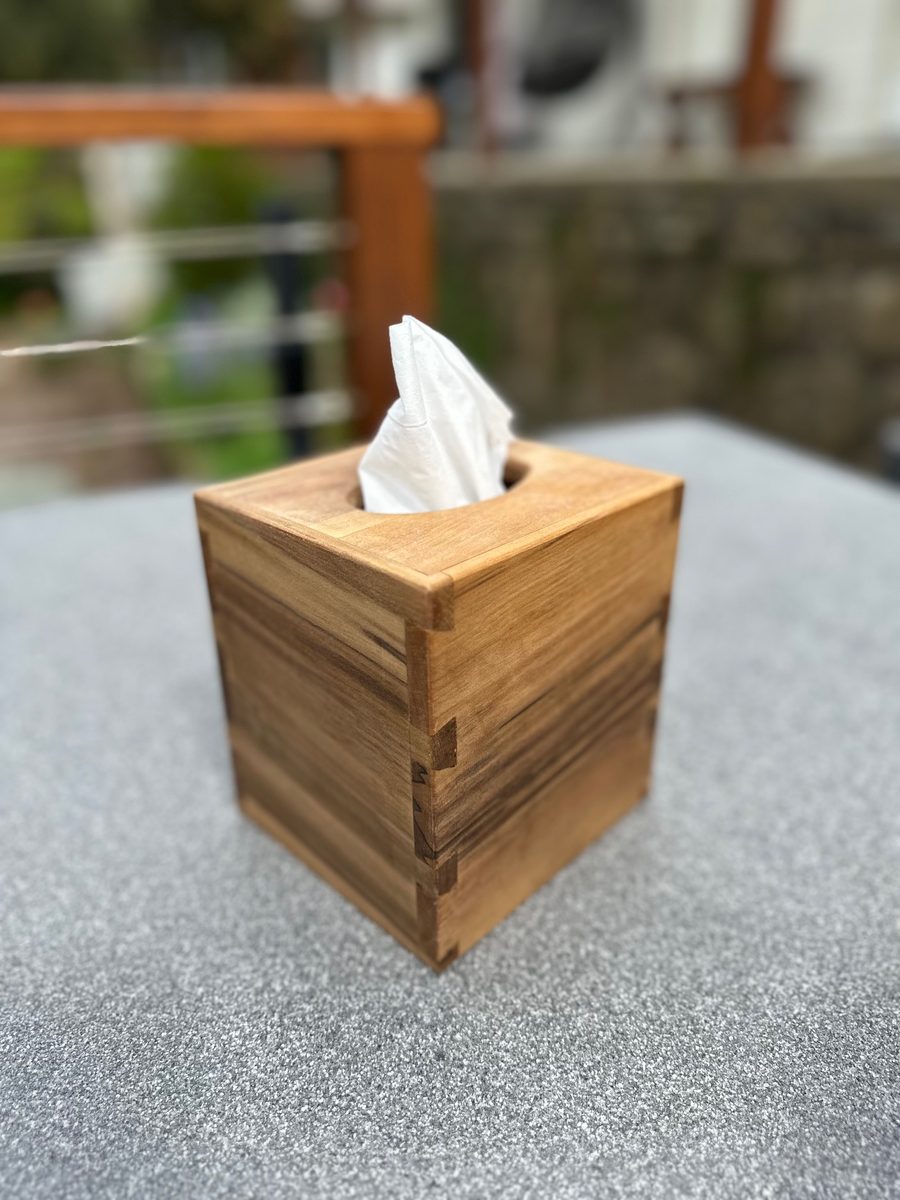 Tissue box cover in Tasmanian sassafras with dovetail corners