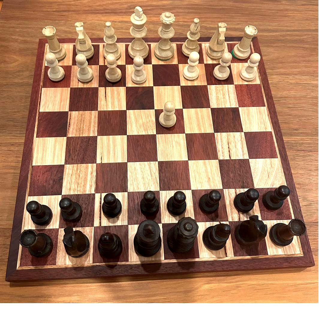 Chess board in jarrah and eucalypt, two-tone inlaid squares